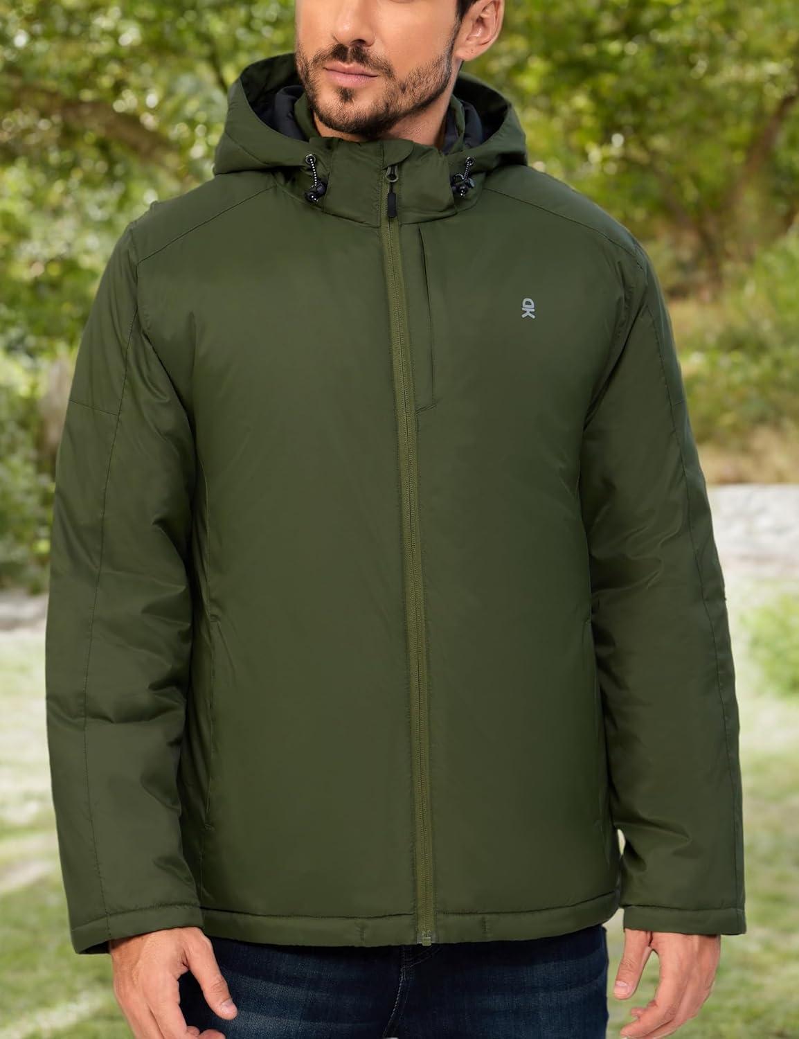 imageLittle Donkey Andy Mens Winter Heat Reflective Jackets WaterResistant Detachable hooded Insulated Thermal Ski Snow CoatArmy Green