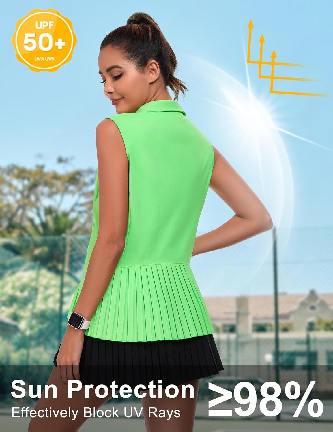 imageLittle Donkey Andy Womens Golf Vest Outerwear with Pleated Hem Sleeveless Athletic Jacket for Running Yoga TennisGolf Vestfluorescent Green