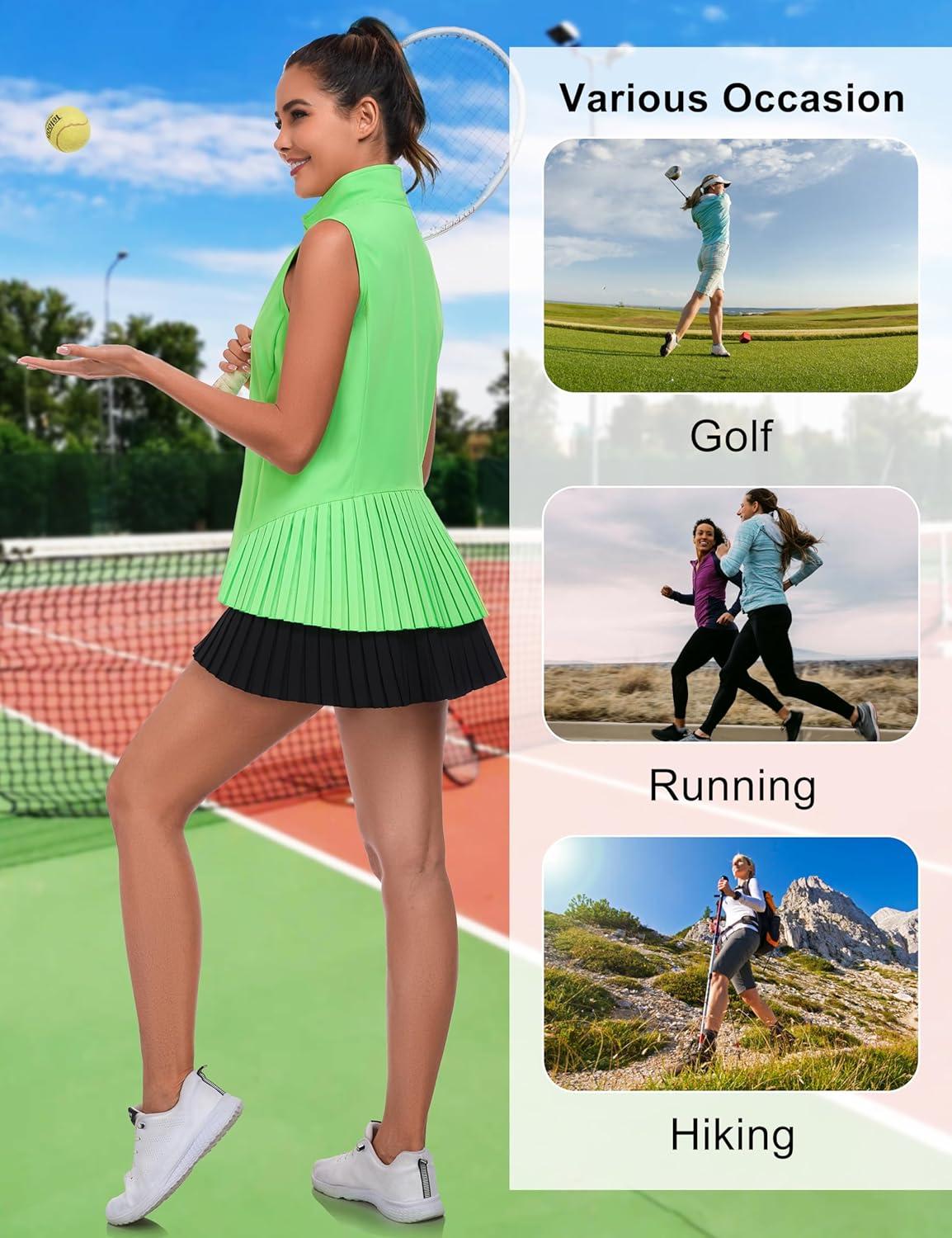 imageLittle Donkey Andy Womens Golf Vest Outerwear with Pleated Hem Sleeveless Athletic Jacket for Running Yoga TennisGolf Vestfluorescent Green