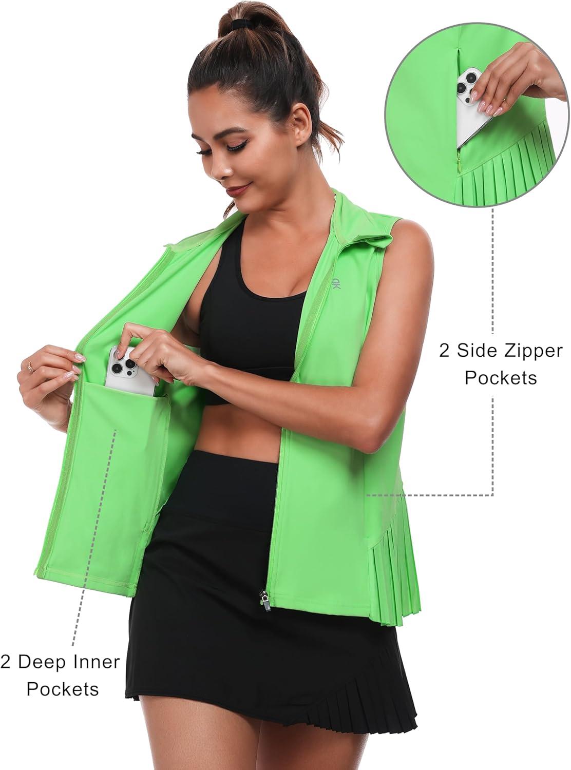 imageLittle Donkey Andy Womens Golf Vest Outerwear with Pleated Hem Sleeveless Athletic Jacket for Running Yoga TennisGolf Vestfluorescent Green