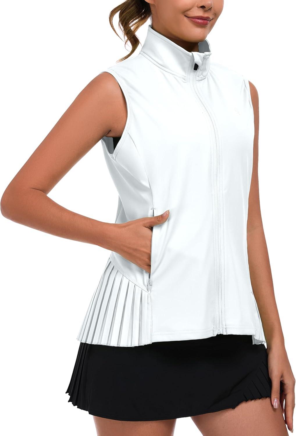 imageLittle Donkey Andy Womens Golf Vest Outerwear with Pleated Hem Sleeveless Athletic Jacket for Running Yoga TennisGolf Vestwhite