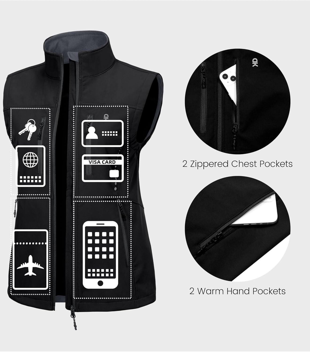 imageLittle Donkey Andy Womens Golf Vest Warm Fleece Lined Sleeveless Jacket for Hiking Travel RunningBlack4 Pockets