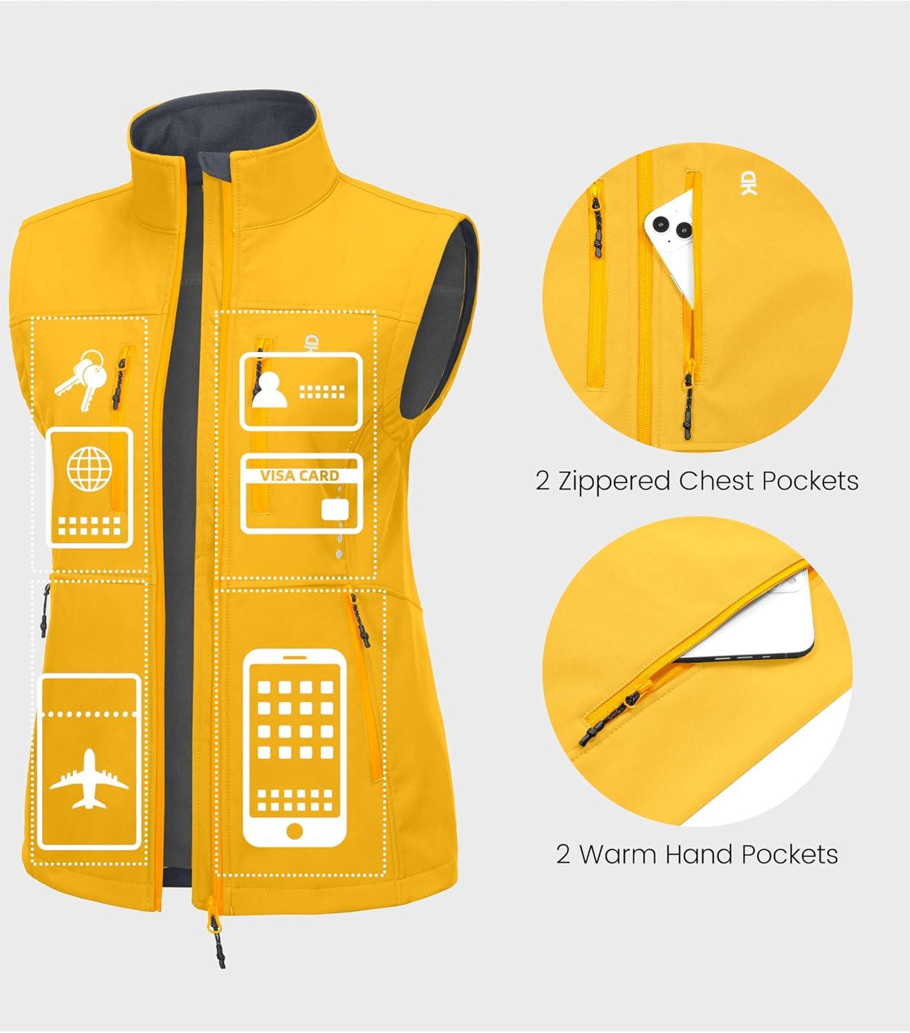 imageLittle Donkey Andy Womens Golf Vest Warm Fleece Lined Sleeveless Jacket for Hiking Travel RunningYellow4 Pockets