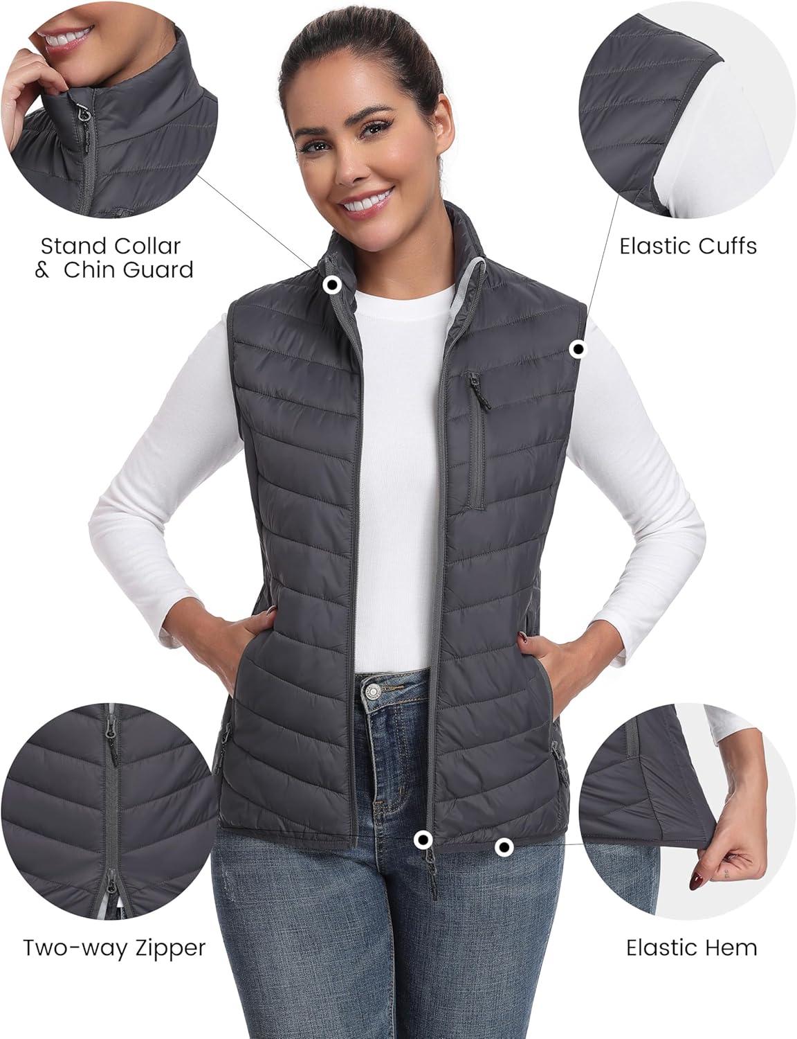 imageLittle Donkey Andy Womens Lightweight Packable Puffer Vest Outerwear Warm Sleeveless Winter Jacket for Golf HikingGrey