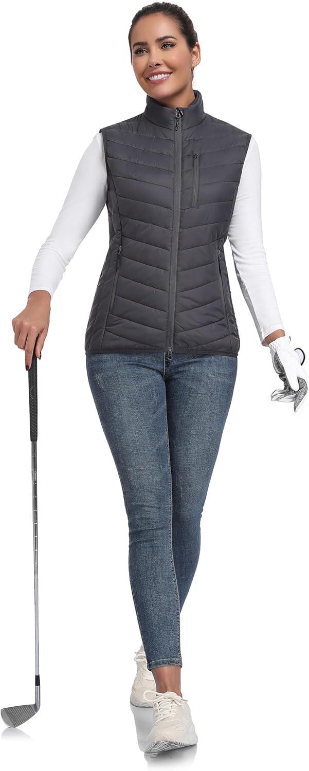 imageLittle Donkey Andy Womens Lightweight Packable Puffer Vest Outerwear Warm Sleeveless Winter Jacket for Golf HikingGrey