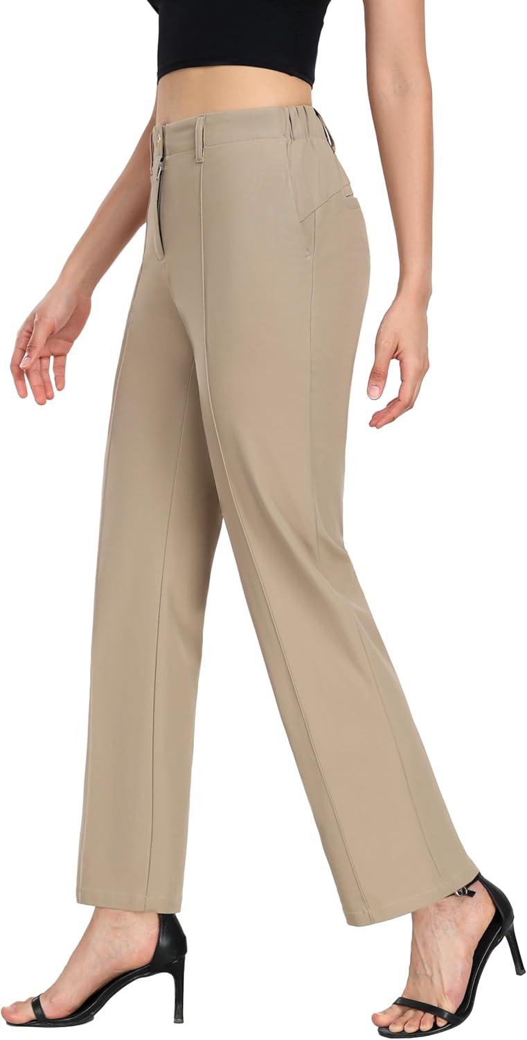 imageLittle Donkey Andy Womens Stretchy Straight Leg Dress Pants Business Casual Elastic Waist Cropped Work Pants with Pockets Khaki M