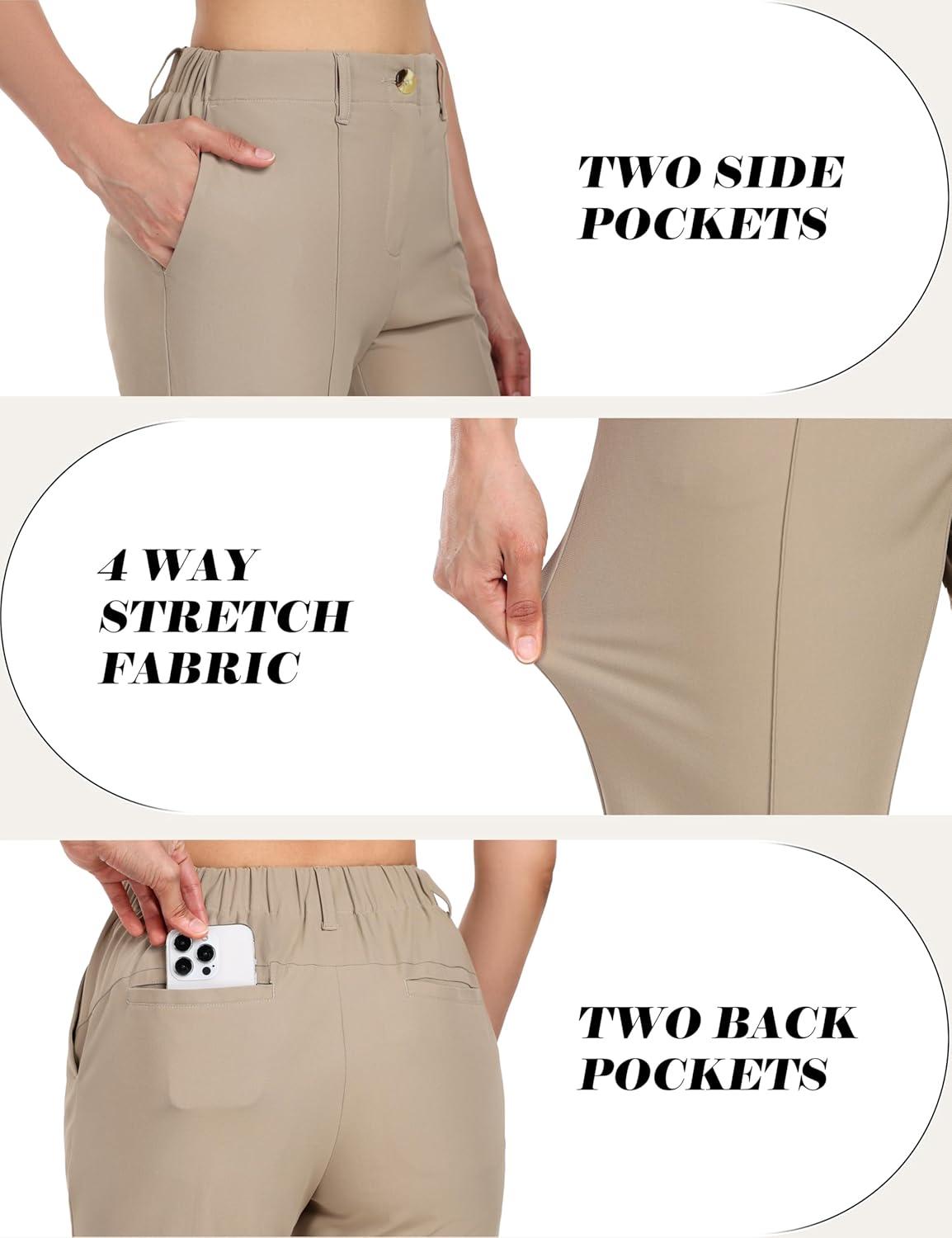 imageLittle Donkey Andy Womens Stretchy Straight Leg Dress Pants Business Casual Elastic Waist Cropped Work Pants with Pockets Khaki M