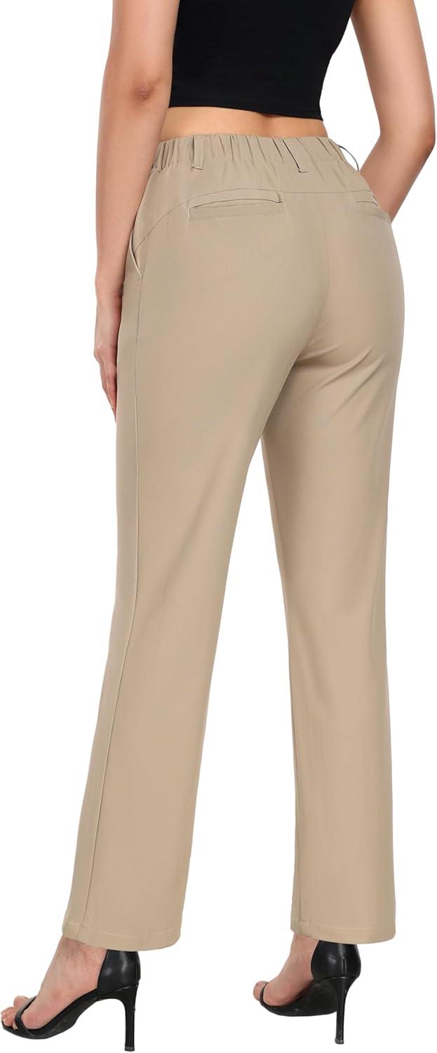 imageLittle Donkey Andy Womens Stretchy Straight Leg Dress Pants Business Casual Elastic Waist Cropped Work Pants with Pockets Khaki M