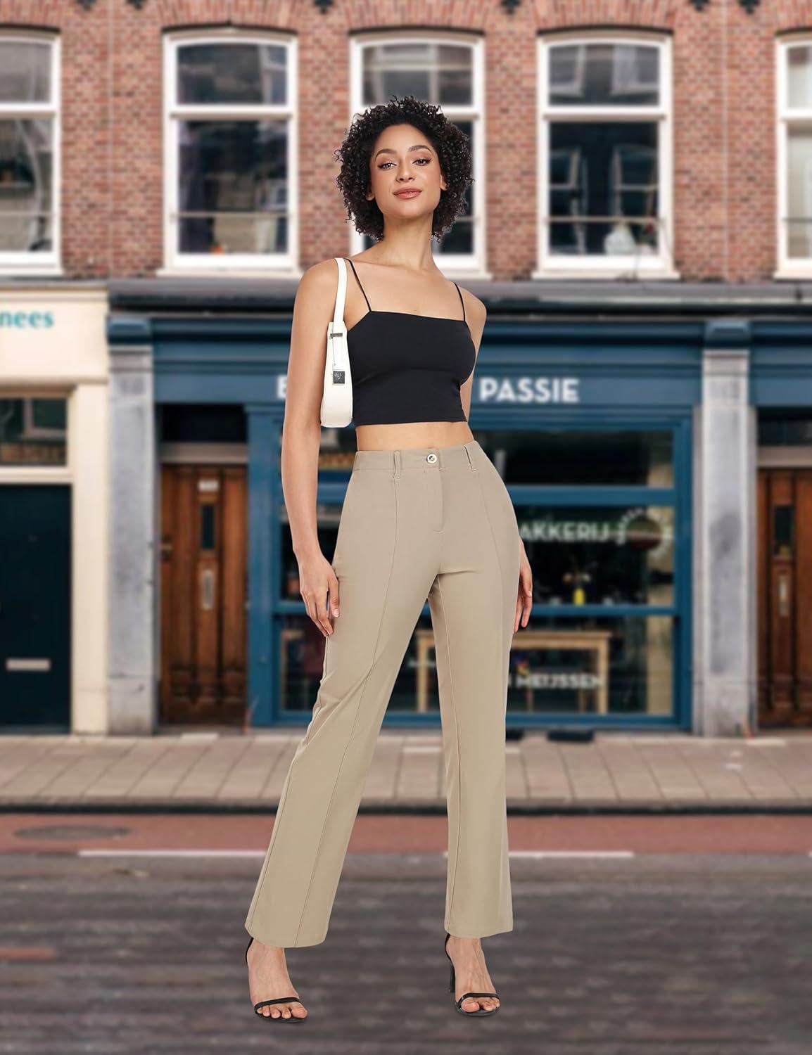 imageLittle Donkey Andy Womens Stretchy Straight Leg Dress Pants Business Casual Elastic Waist Cropped Work Pants with Pockets Khaki M