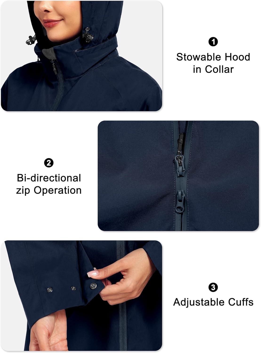 imageLittle Donkey Andy Womens Waterproof MidLength Rain Jacket with Hood Windbreaker Coat for Hiking TravelBlue
