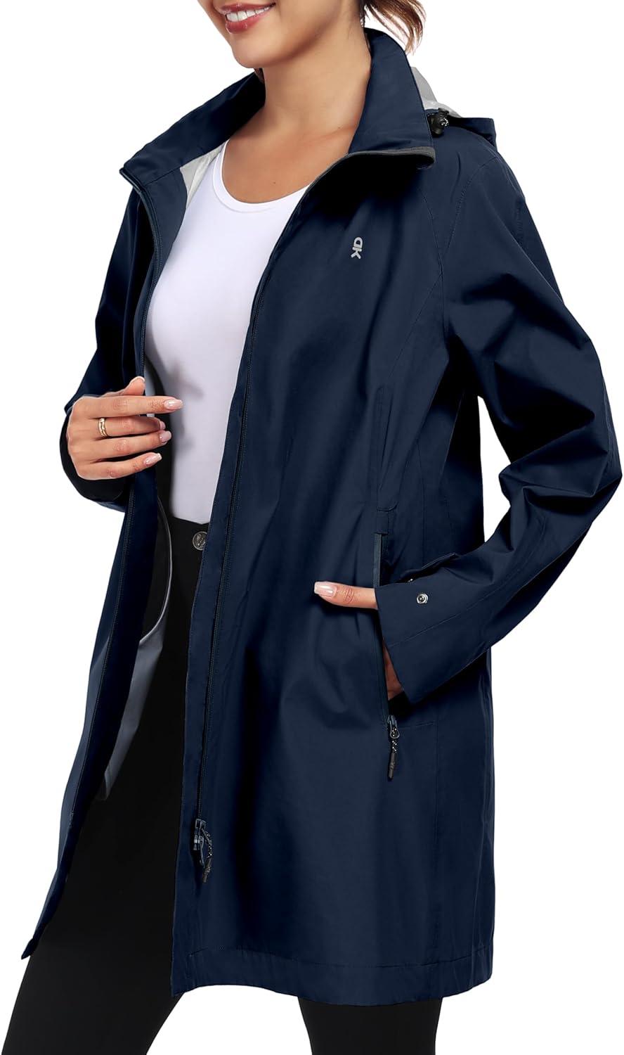 imageLittle Donkey Andy Womens Waterproof MidLength Rain Jacket with Hood Windbreaker Coat for Hiking TravelBlue