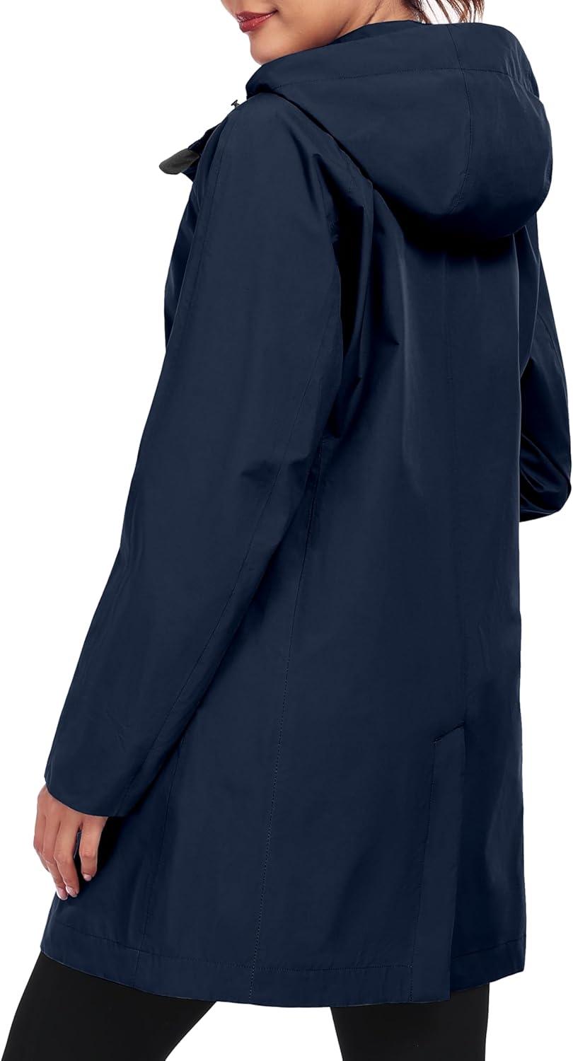 imageLittle Donkey Andy Womens Waterproof MidLength Rain Jacket with Hood Windbreaker Coat for Hiking TravelBlue