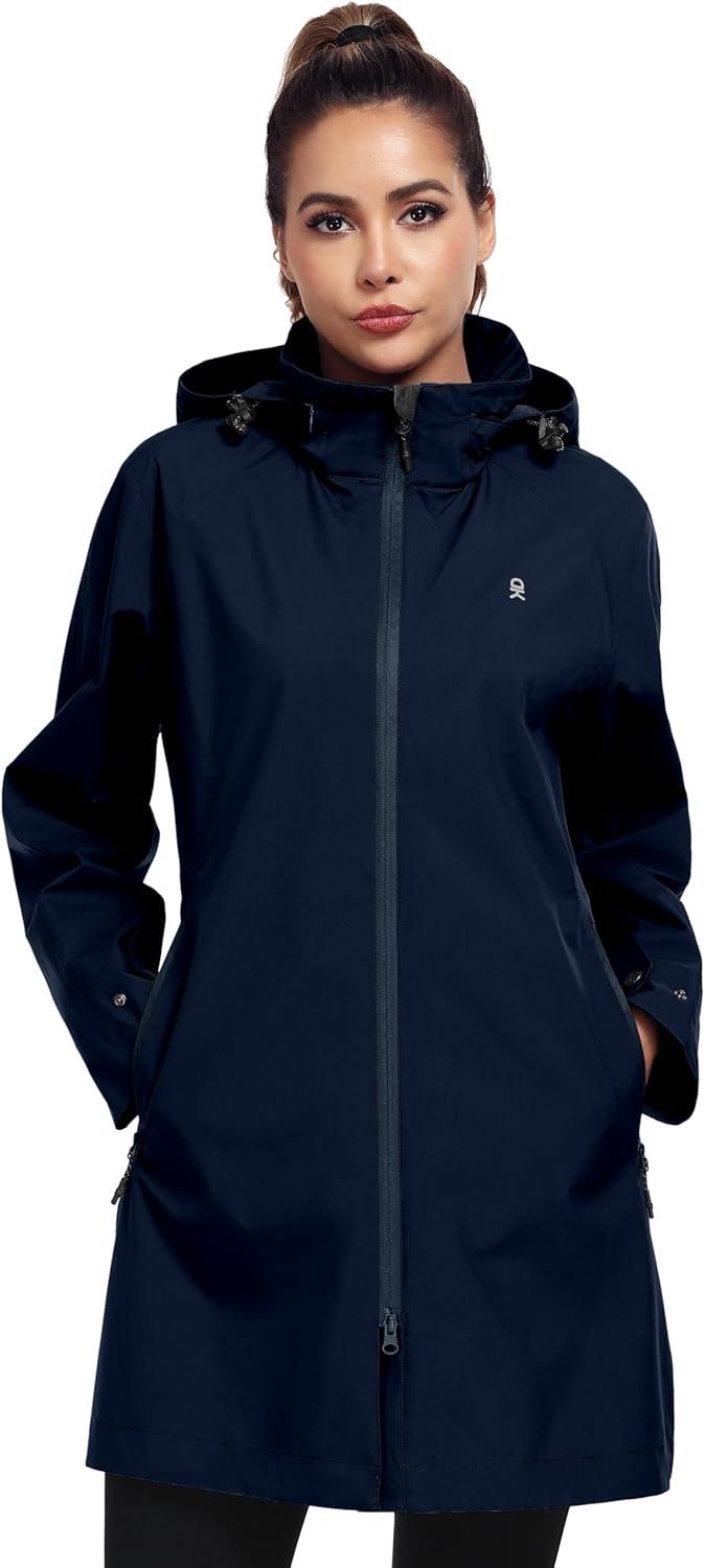 imageLittle Donkey Andy Womens Waterproof MidLength Rain Jacket with Hood Windbreaker Coat for Hiking TravelBlue