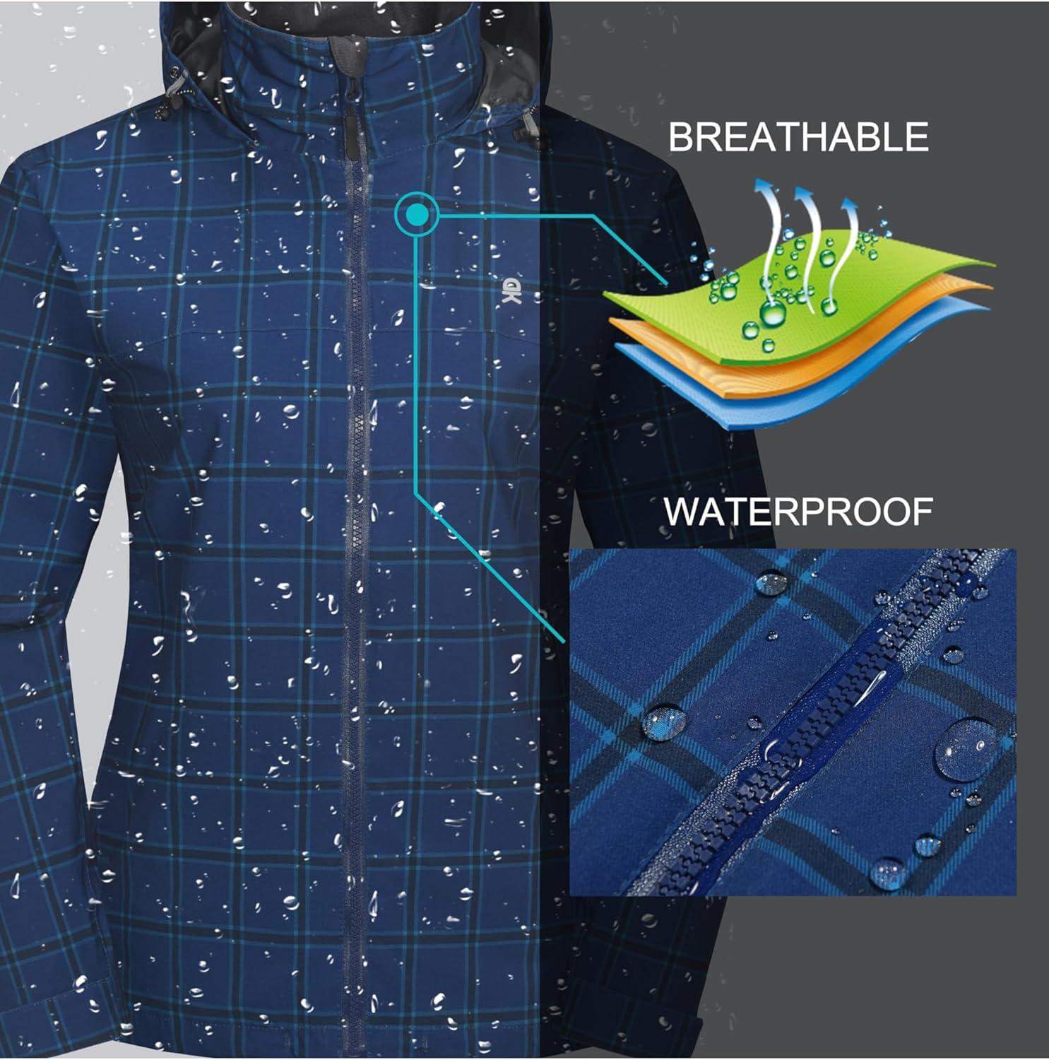 imageLittle Donkey Andy Womens Waterproof Rain Jacket Lightweight Windbreaker Breathable Raincoat with Hood for Outdoor HikingBlue Plaid