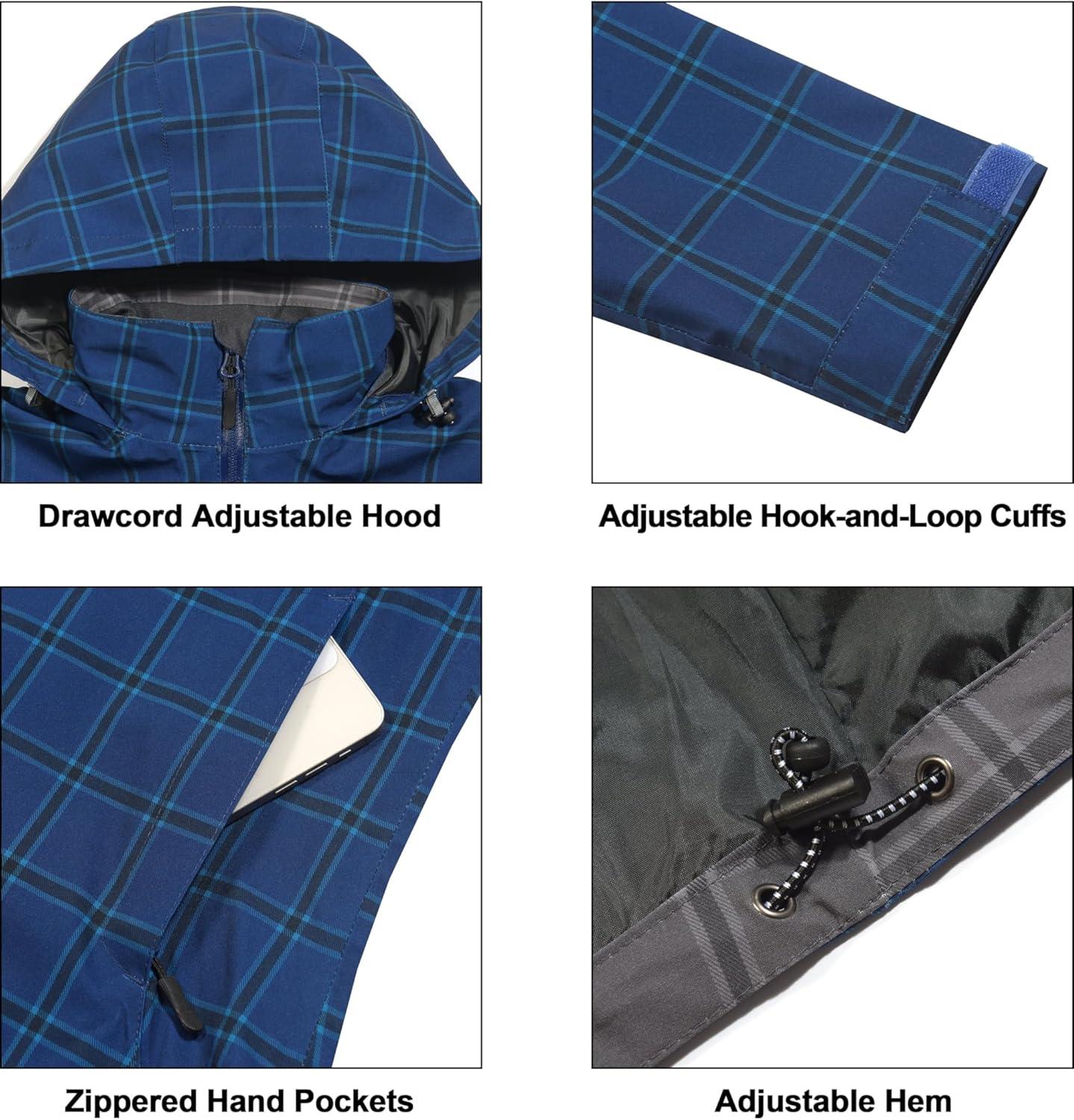 imageLittle Donkey Andy Womens Waterproof Rain Jacket Lightweight Windbreaker Breathable Raincoat with Hood for Outdoor HikingBlue Plaid