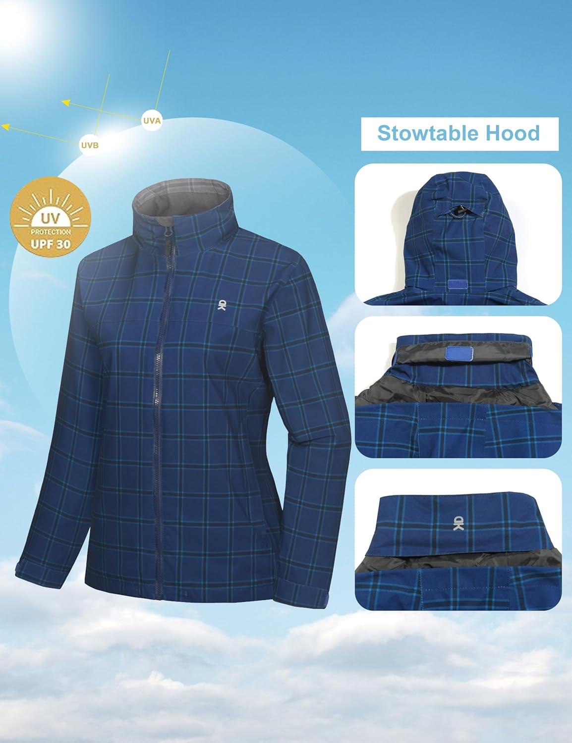 imageLittle Donkey Andy Womens Waterproof Rain Jacket Lightweight Windbreaker Breathable Raincoat with Hood for Outdoor HikingBlue Plaid