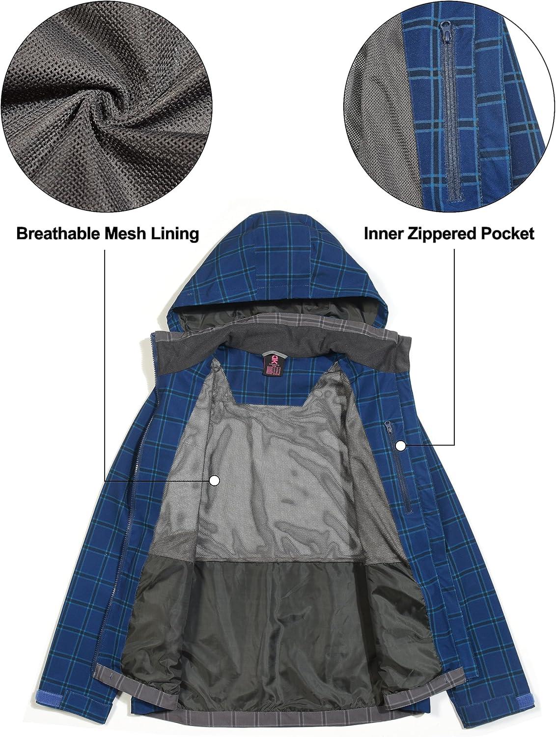 imageLittle Donkey Andy Womens Waterproof Rain Jacket Lightweight Windbreaker Breathable Raincoat with Hood for Outdoor HikingBlue Plaid