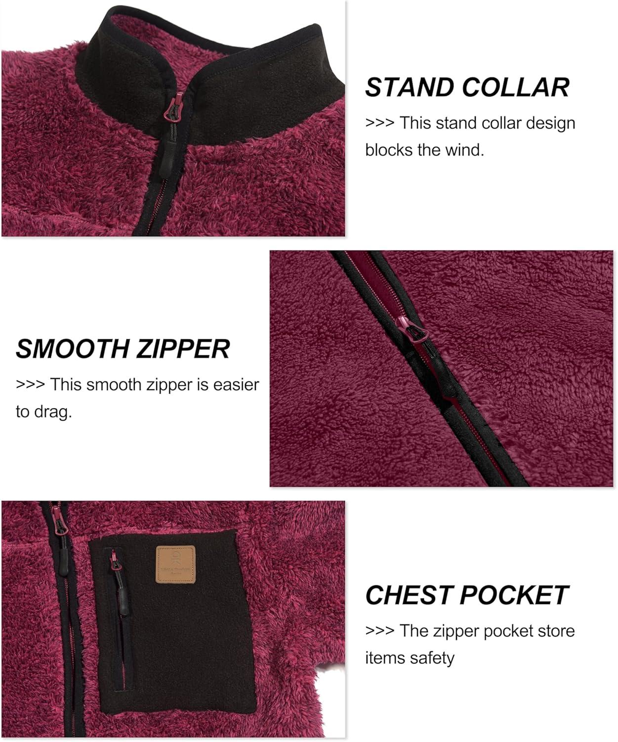 imageWomens Fleece Sherpa Jacket Fuzzy Long Sleeve Casual Coat Zip Up Warm Winter Fall Outerwear with PocketsRed