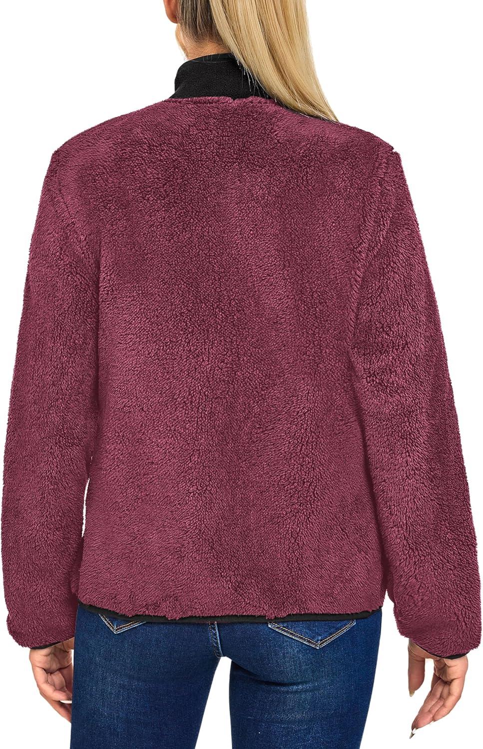 imageWomens Fleece Sherpa Jacket Fuzzy Long Sleeve Casual Coat Zip Up Warm Winter Fall Outerwear with PocketsRed