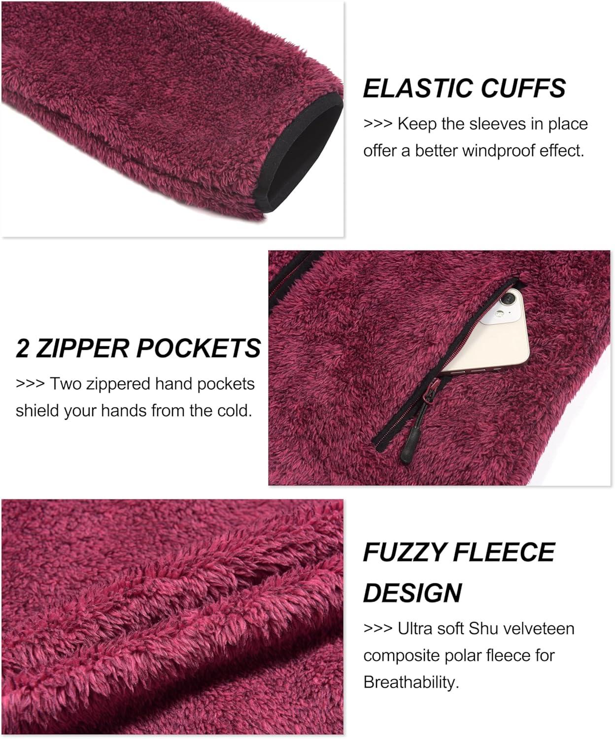 imageWomens Fleece Sherpa Jacket Fuzzy Long Sleeve Casual Coat Zip Up Warm Winter Fall Outerwear with PocketsRed