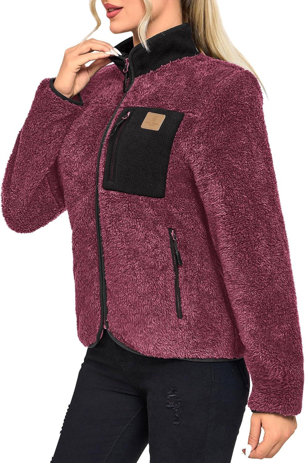 imageWomens Fleece Sherpa Jacket Fuzzy Long Sleeve Casual Coat Zip Up Warm Winter Fall Outerwear with PocketsRed