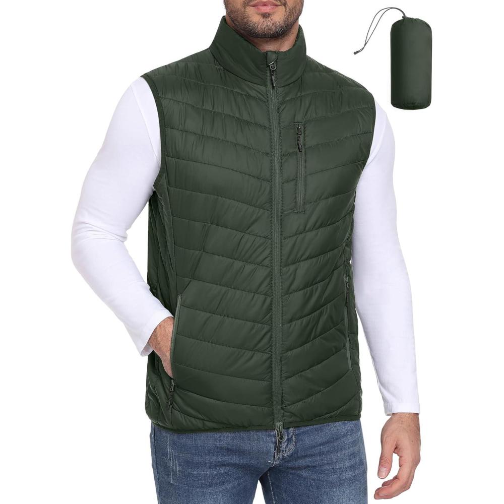 imageLittle Donkey Andy Mens Lightweight Packable Puffer Vest Outerwear Warm Quilted Sleeveless Jacket for Golf Running CasualDark Green