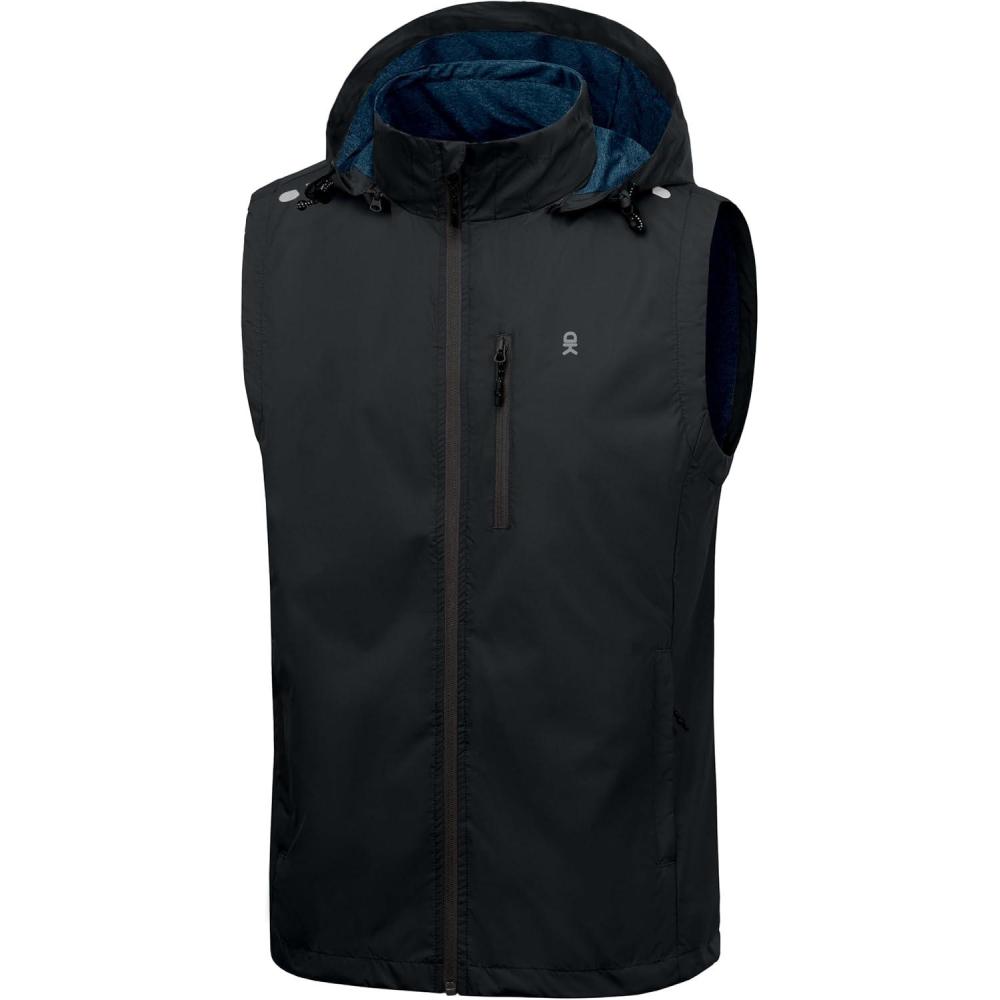 imageLittle Donkey Andy Mens Lightweight Softshell Vest Detachable Hood Windproof Golf Sleeveless Jacket for Hiking RunningBlack