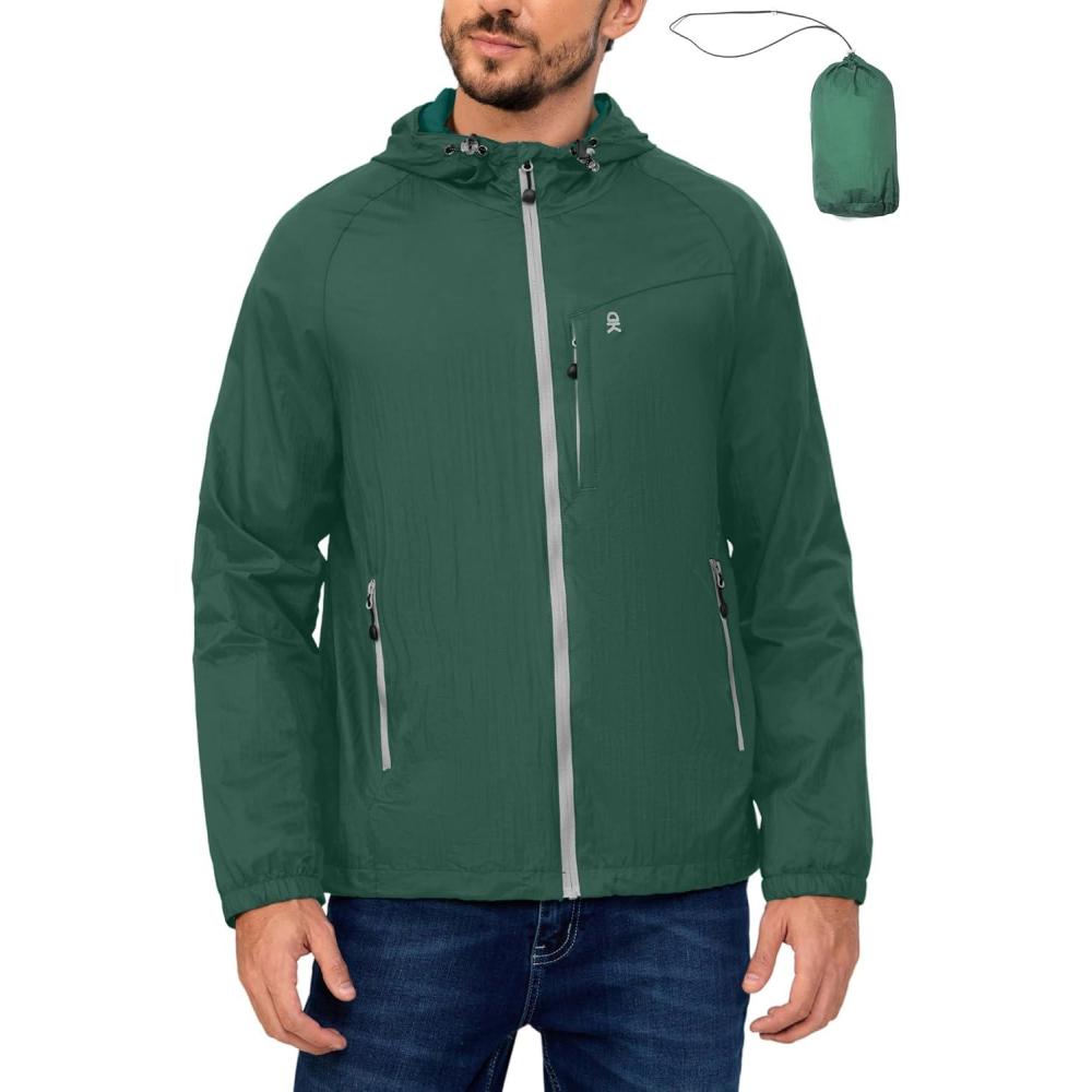 imageLittle Donkey Andy Mens Packable Lightweight Hooded Jacket Windproof Breathable Windbreaker Jacket for Hiking RunningGreen