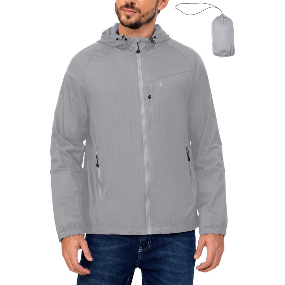 imageLittle Donkey Andy Mens Packable Lightweight Hooded Jacket Windproof Breathable Windbreaker Jacket for Hiking RunningLight Gray