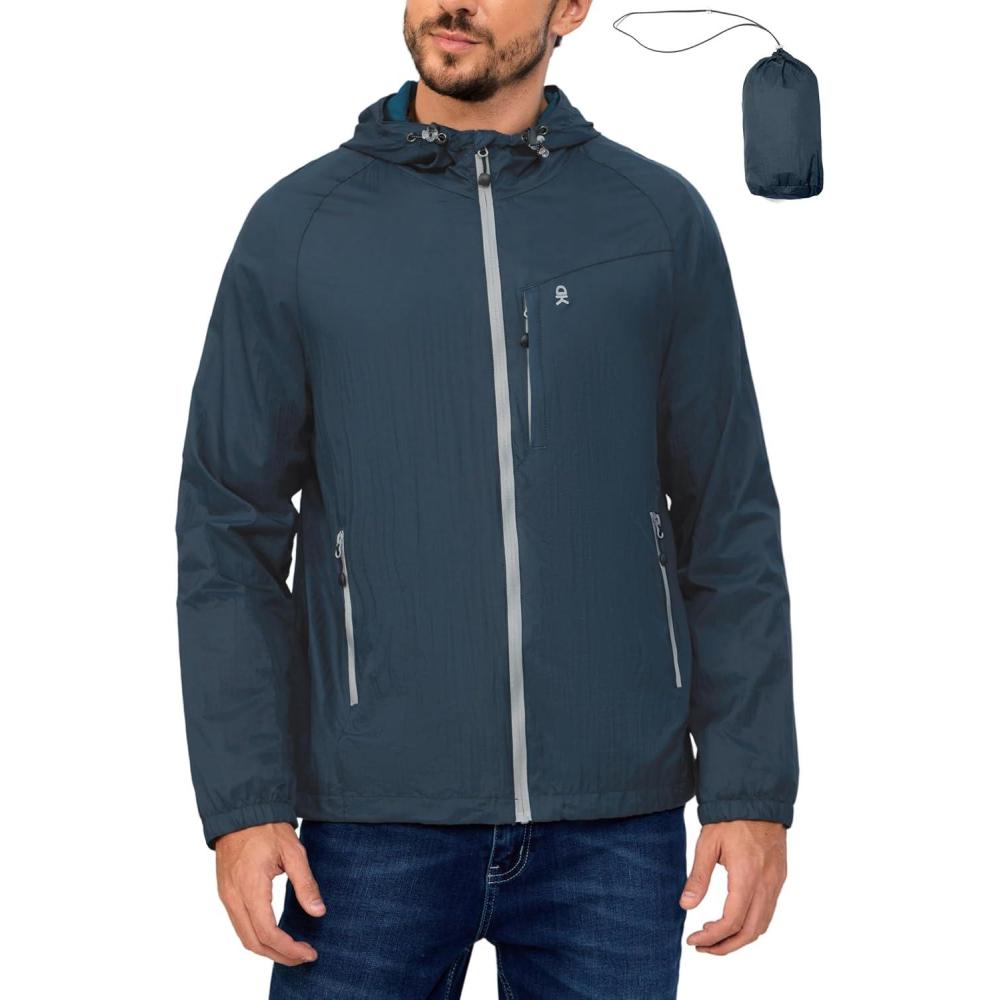 imageLittle Donkey Andy Mens Packable Lightweight Hooded Jacket Windproof Breathable Windbreaker Jacket for Hiking RunningNavy Blue