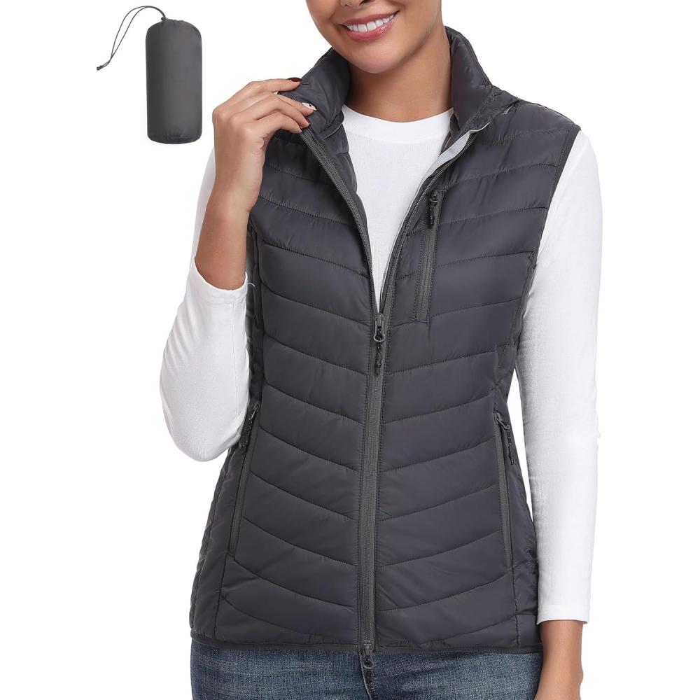 imageLittle Donkey Andy Womens Lightweight Packable Puffer Vest Outerwear Warm Sleeveless Winter Jacket for Golf HikingGrey