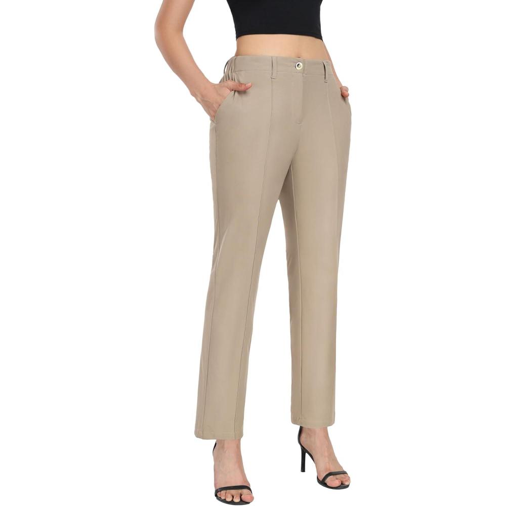 imageLittle Donkey Andy Womens Stretchy Straight Leg Dress Pants Business Casual Elastic Waist Cropped Work Pants with Pockets Khaki M
