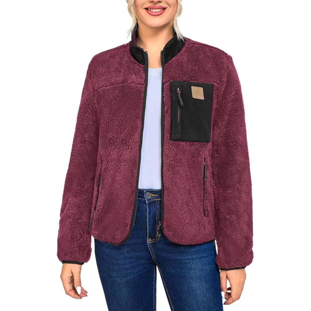 imageWomens Fleece Sherpa Jacket Fuzzy Long Sleeve Casual Coat Zip Up Warm Winter Fall Outerwear with PocketsRed