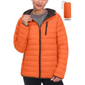 Little Donkey Andy Women’s Packable Lightweight Puffer Jacket Hooded Windproof Winter Coat with Recycled Insulation(Packable Orange)