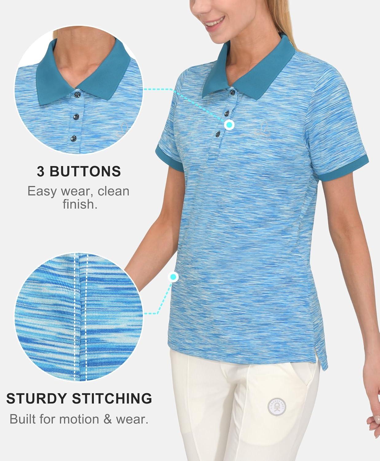imageLittle Donkey Andy Womens Lightweight Short Sleeve Golf Polo Shirt 3Buttons Collared Quick Dry Moisture Wicking UPF 50Heather Blue