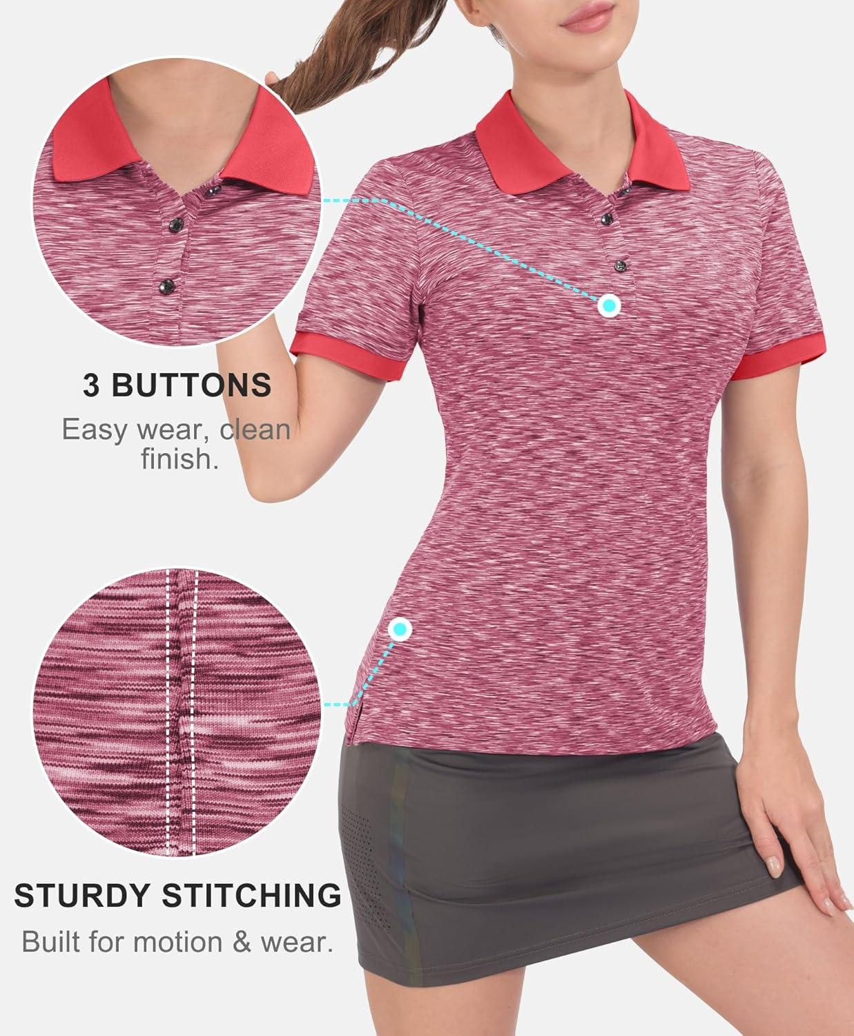 imageLittle Donkey Andy Womens Lightweight Short Sleeve Golf Polo Shirt 3Buttons Collared Quick Dry Moisture Wicking UPF 50Heather Red