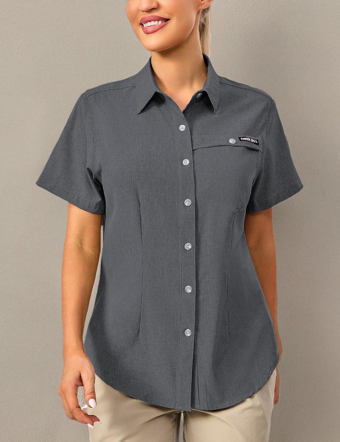 imageLittle Donkey Andy Womens Lightweight UPF 50 Short Sleeve Shirt Breathable Fishing Hiking Shirt AirHoles TechCarbon Heathershort
