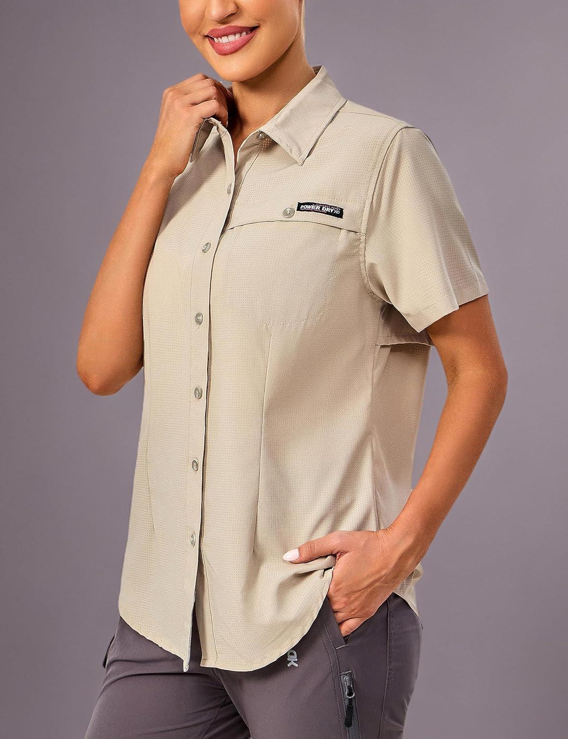 imageLittle Donkey Andy Womens Lightweight UPF 50 Short Sleeve Shirt Breathable Fishing Hiking Shirt AirHoles TechLight Khaki Heathershort
