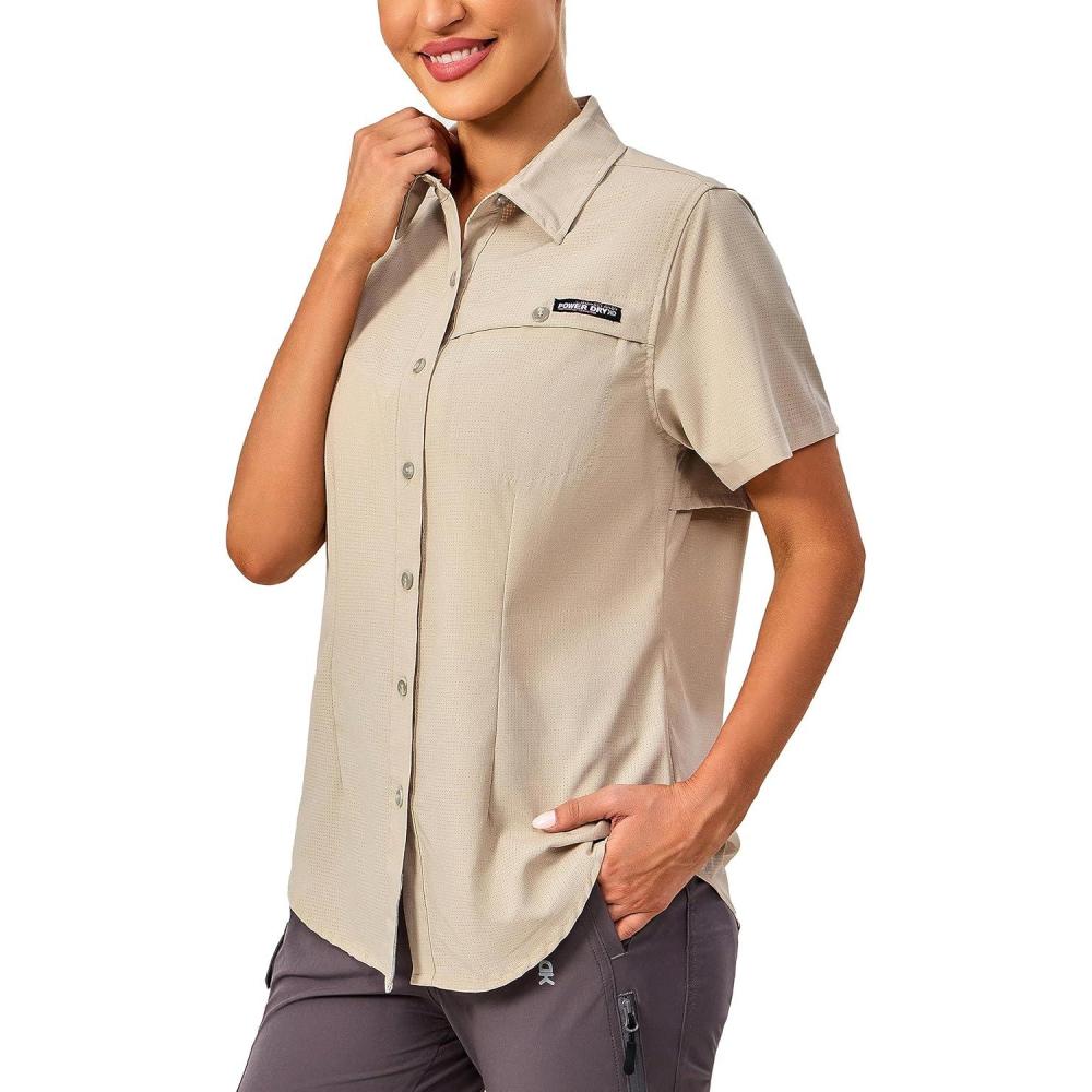 imageLittle Donkey Andy Womens Lightweight UPF 50 Short Sleeve Shirt Breathable Fishing Hiking Shirt AirHoles TechLight Khaki Heathershort