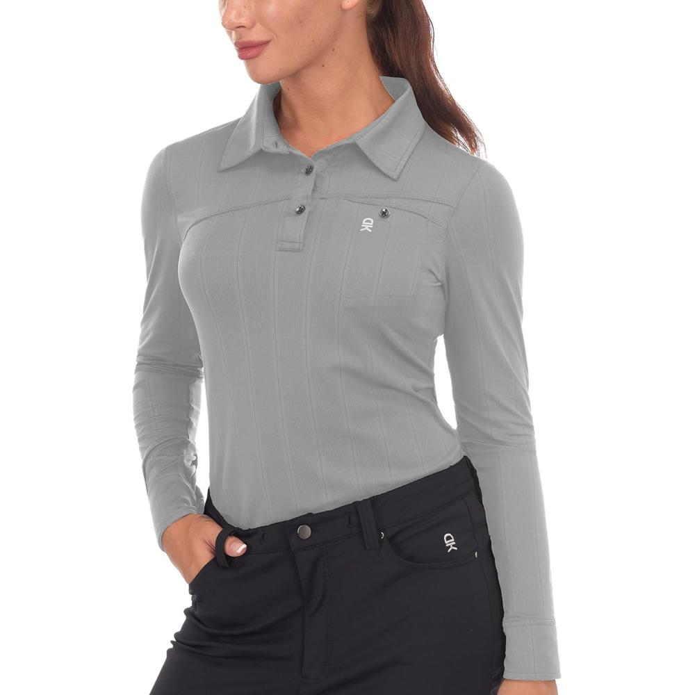 imageLittle Donkey Andy Womens Ultra Stretch Quick Dry Lightweight Golf Polo Shirts Moisture Wicking Top UPF50 Tennis SportsLong Sleeve Cloudburst