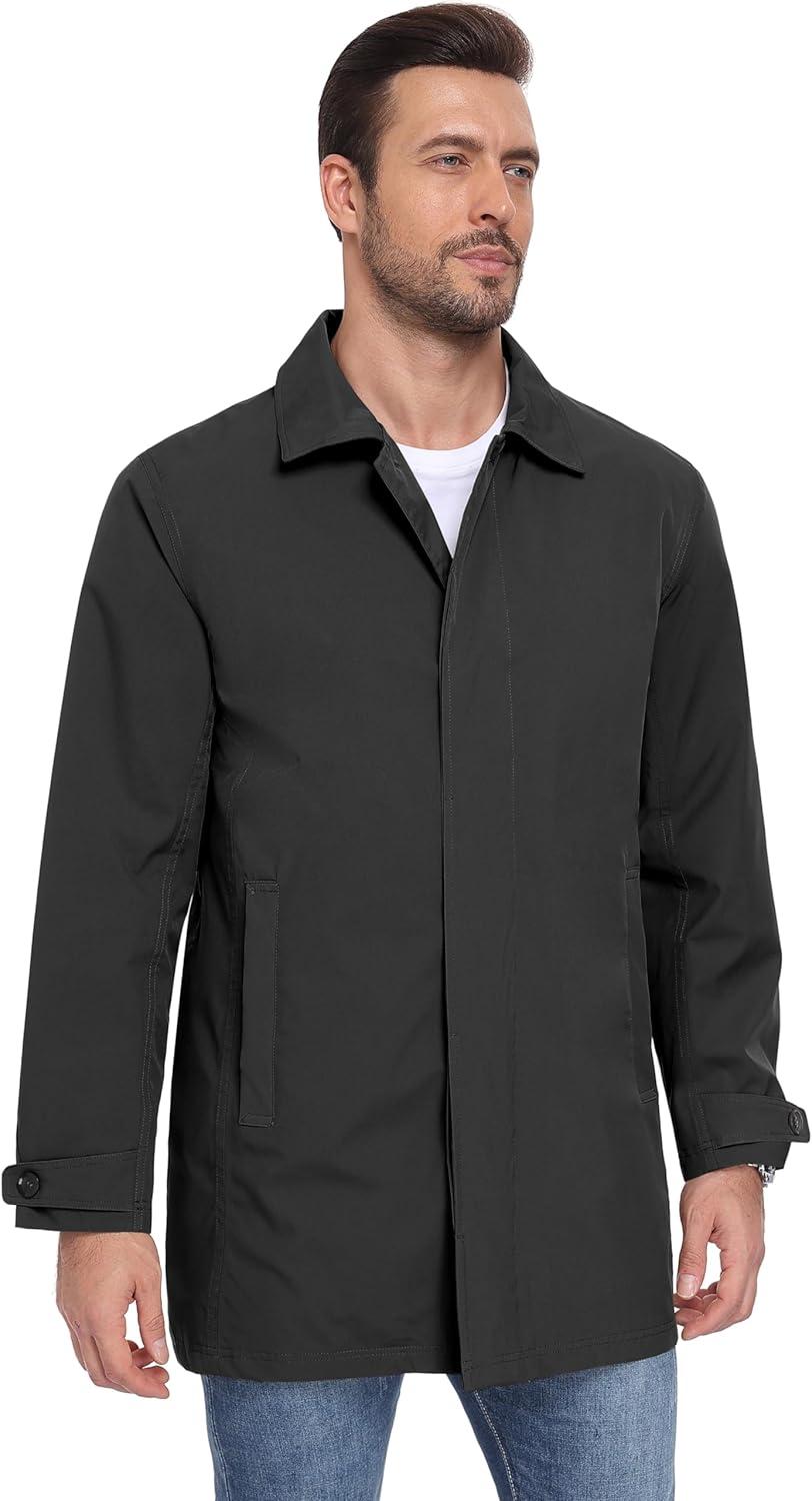 imageLittle Donkey Andy Mens Waterproof MidLength Trench Coat Lightweight Long Rain Coat Single Breasted OvercoatUpgraded Black