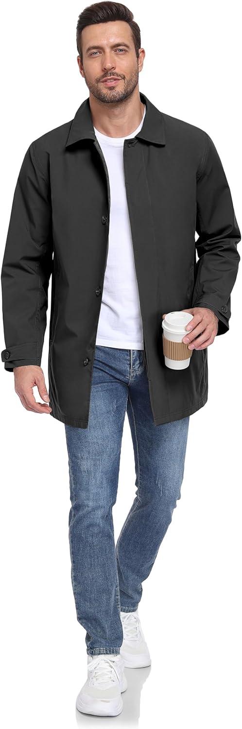 imageLittle Donkey Andy Mens Waterproof MidLength Trench Coat Lightweight Long Rain Coat Single Breasted OvercoatUpgraded Black