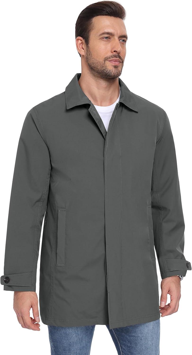imageLittle Donkey Andy Mens Waterproof MidLength Trench Coat Lightweight Long Rain Coat Single Breasted OvercoatUpgraded Iron Gray