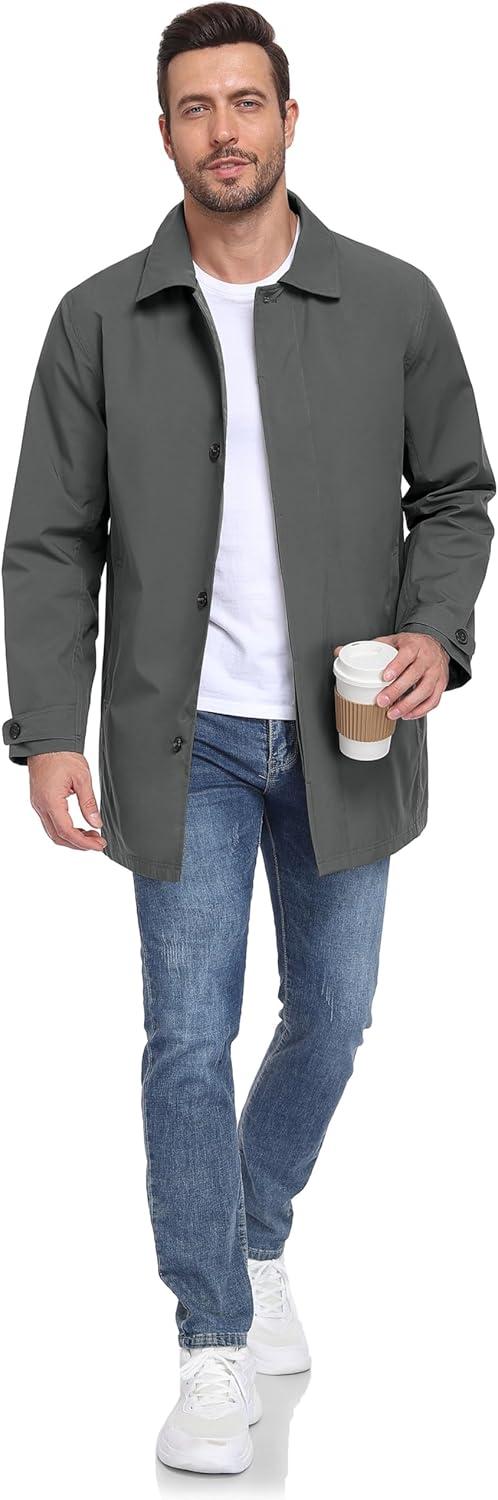imageLittle Donkey Andy Mens Waterproof MidLength Trench Coat Lightweight Long Rain Coat Single Breasted OvercoatUpgraded Iron Gray