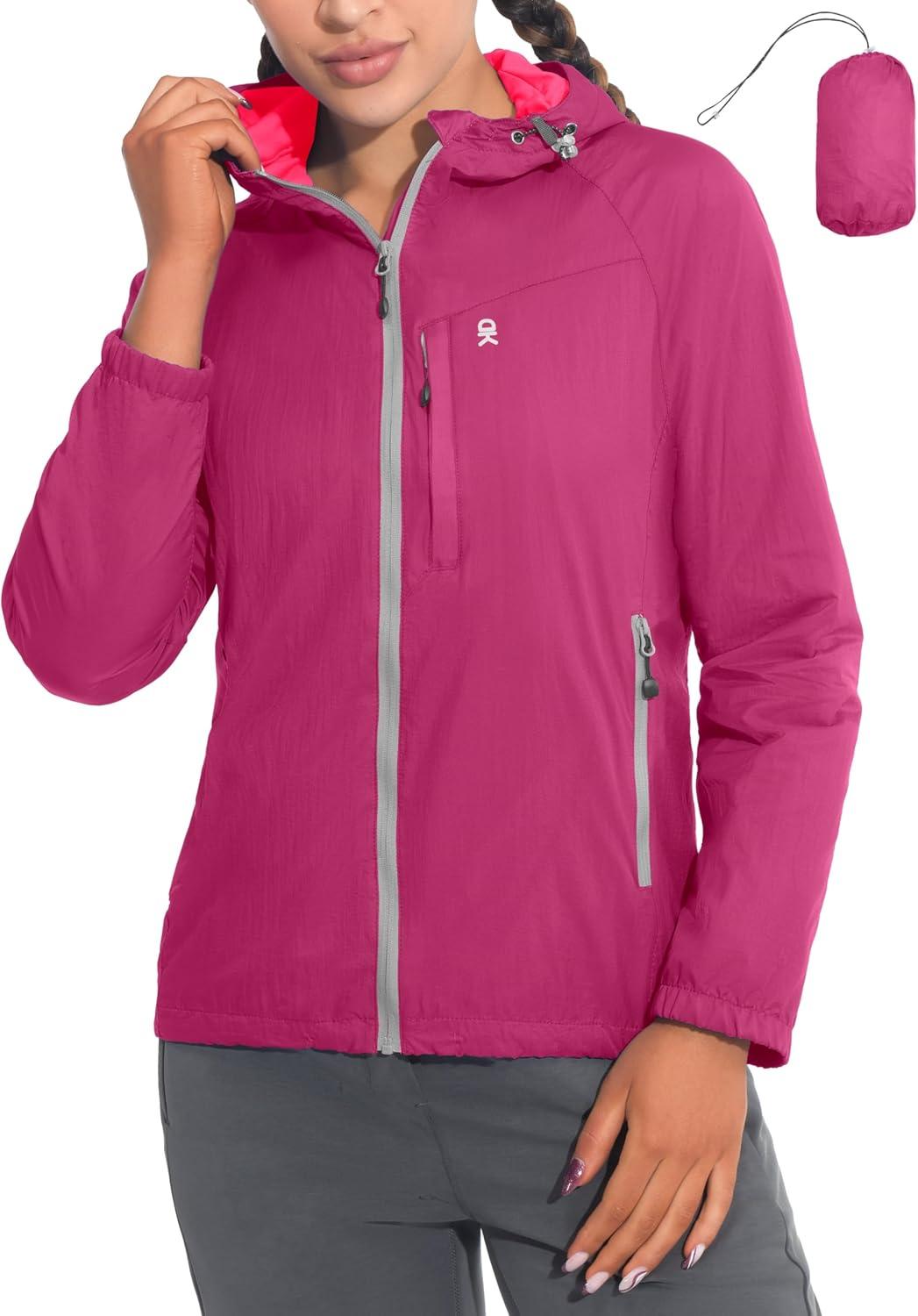 imageLittle Donkey Andy Womens Packable Lightweight Hooded Jacket Windproof Breathable Windbreaker Jacket for Hiking RunningRose Red