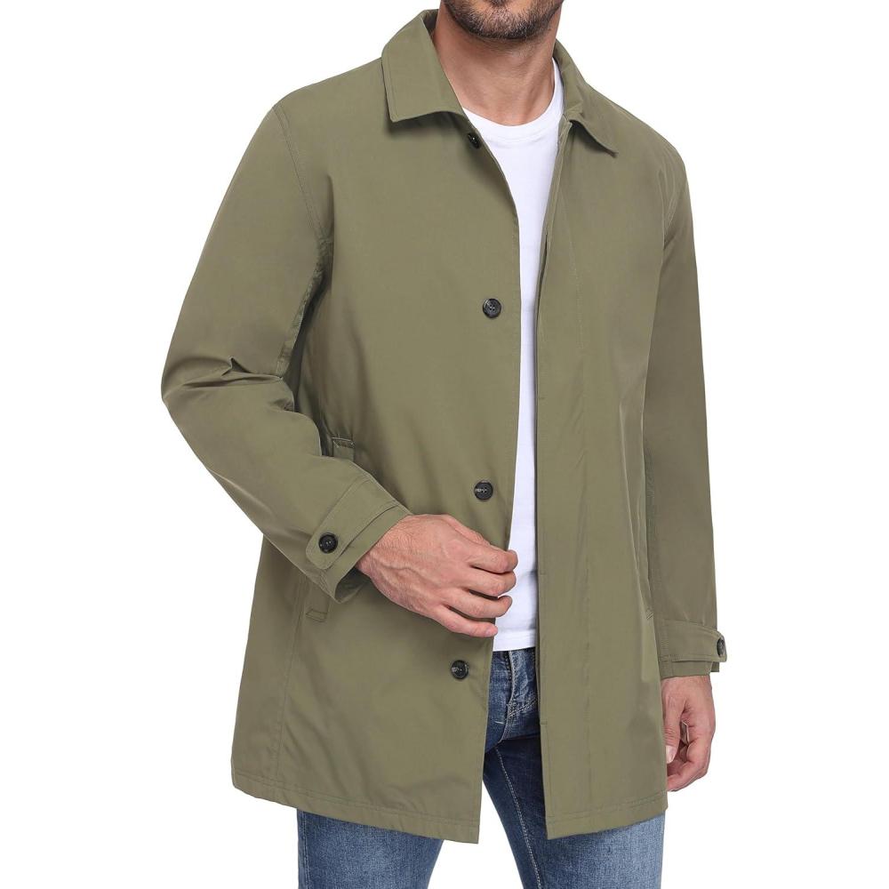 imageLittle Donkey Andy Mens Waterproof MidLength Trench Coat Lightweight Long Rain Coat Single Breasted OvercoatUpgraded Gray Green