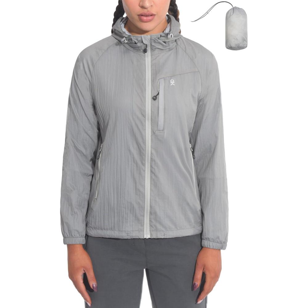 imageLittle Donkey Andy Womens Packable Lightweight Hooded Jacket Windproof Breathable Windbreaker Jacket for Hiking RunningLight Gray