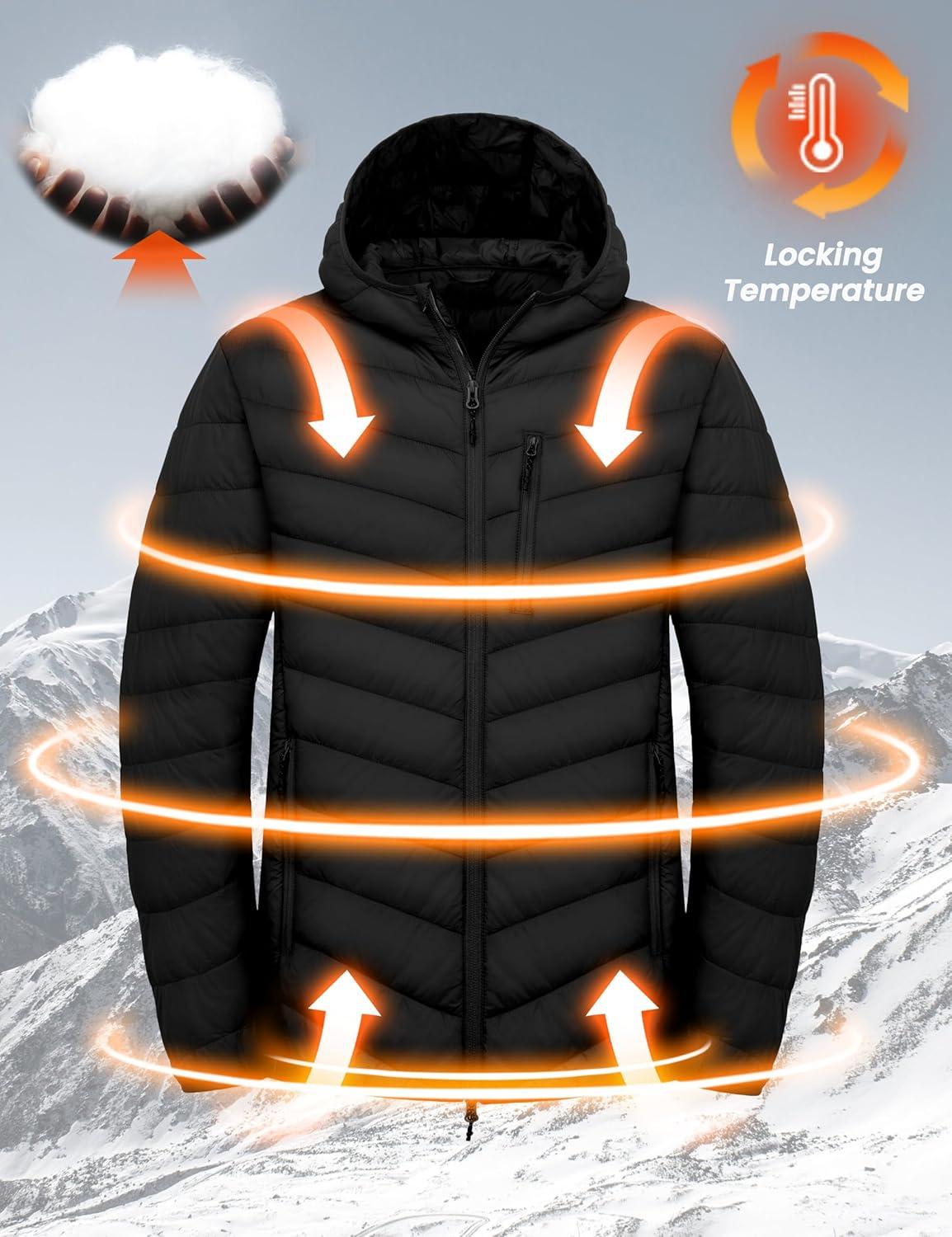 imageLittle Donkey Andy Mens Lightweight Packable Puffer Jacket Hooded WaterResistant Windproof Warm Insulation Winter CoatBlack