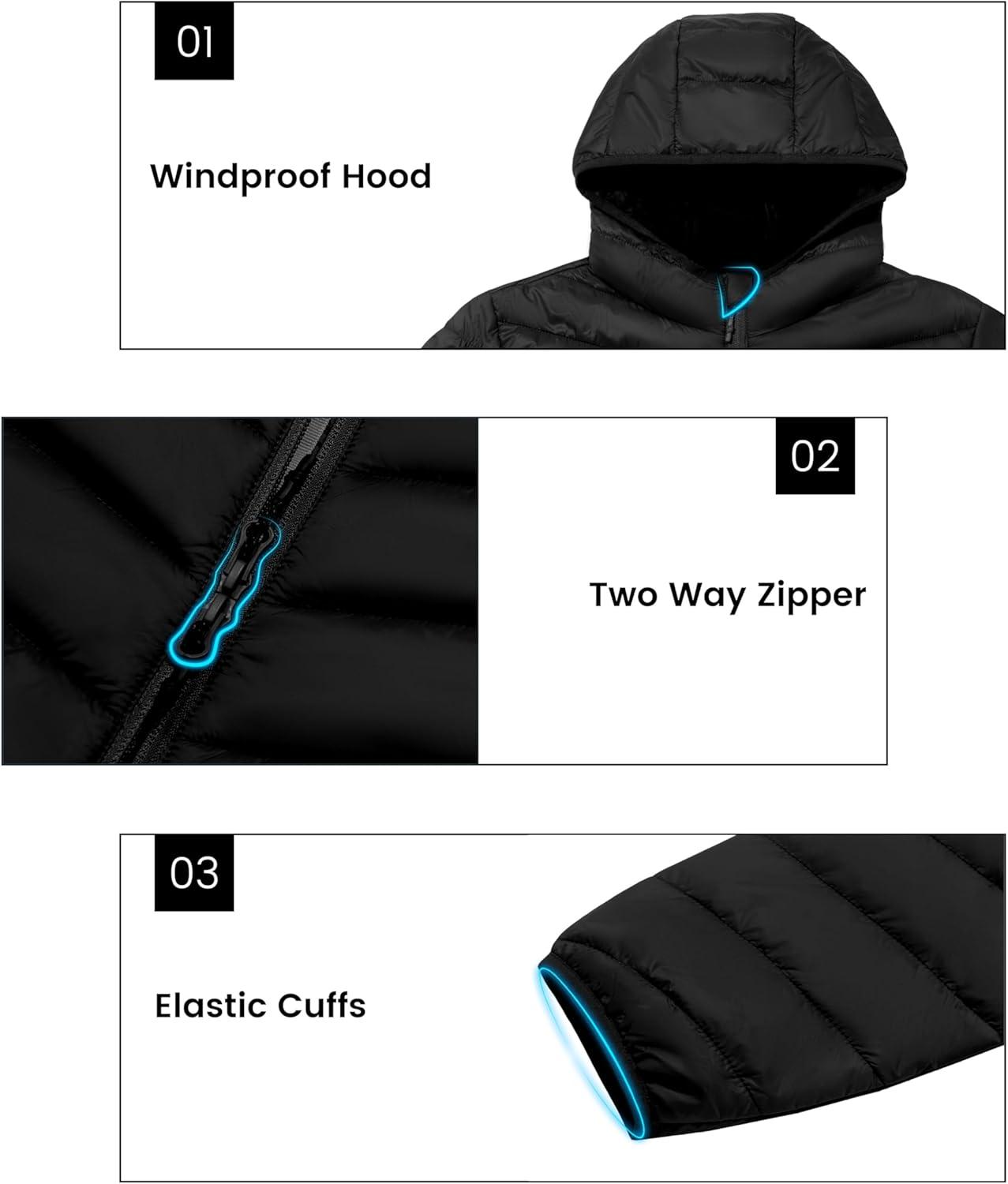 imageLittle Donkey Andy Mens Lightweight Packable Puffer Jacket Hooded WaterResistant Windproof Warm Insulation Winter CoatBlack