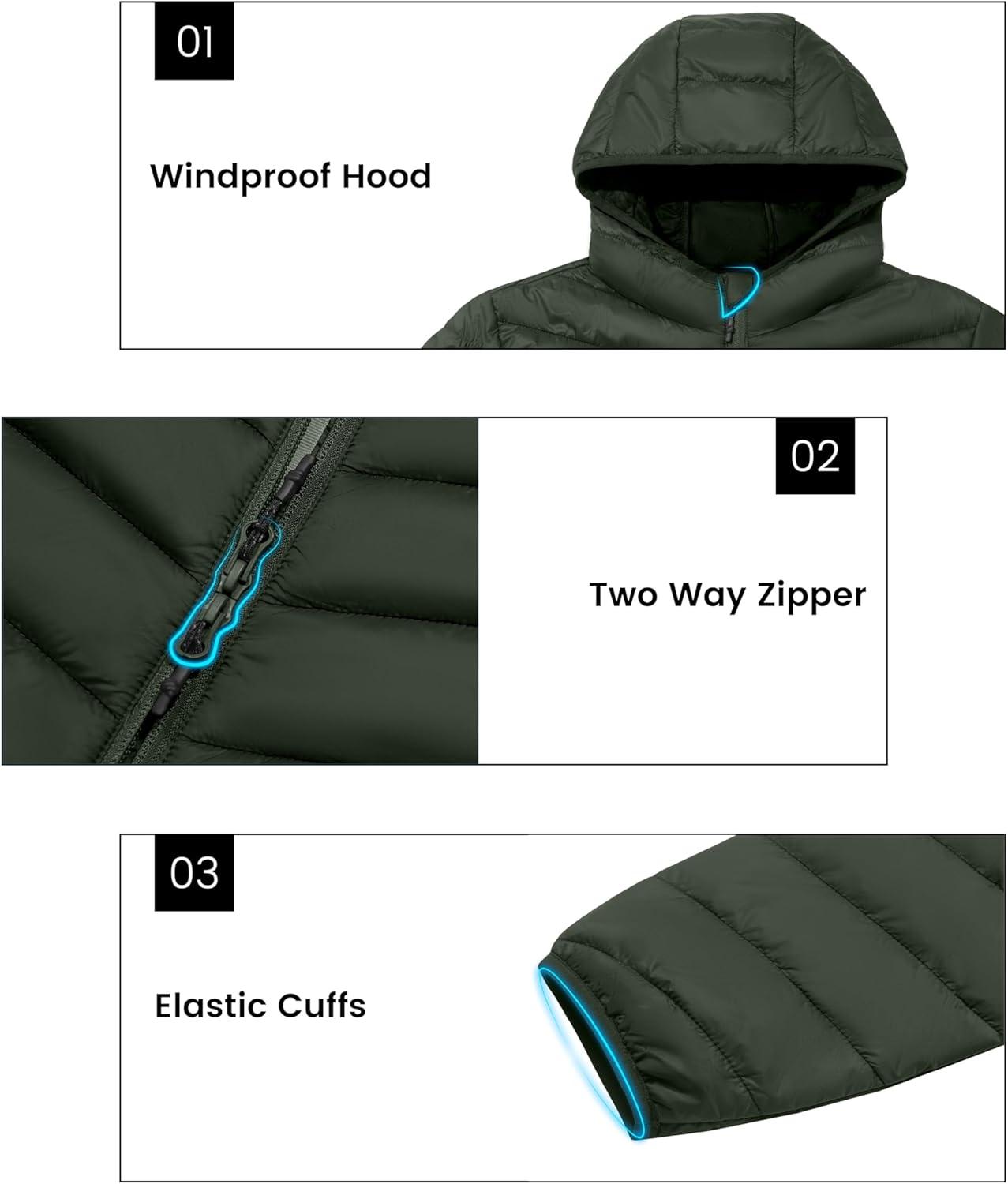 imageLittle Donkey Andy Mens Lightweight Packable Puffer Jacket Hooded WaterResistant Windproof Warm Insulation Winter CoatGreen